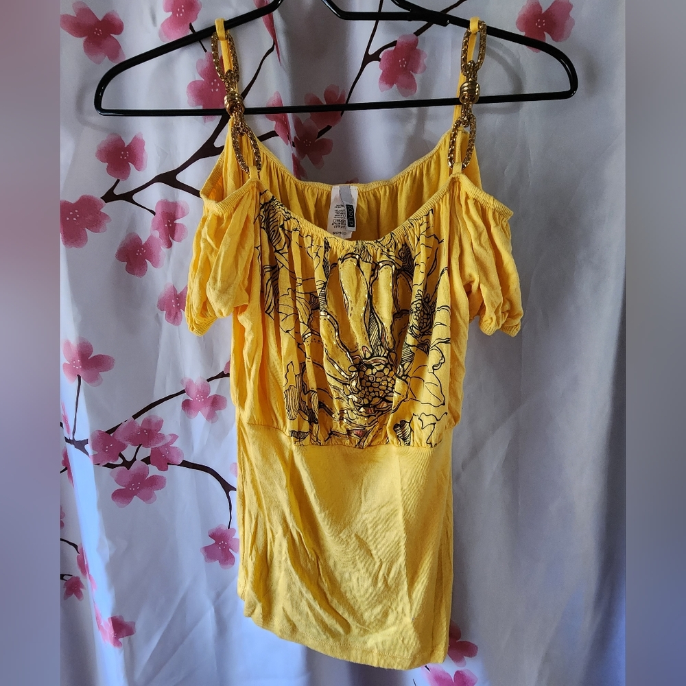 Pop Up Yellow Gold Link Off Shoulder Top Shirt Size Small Chico